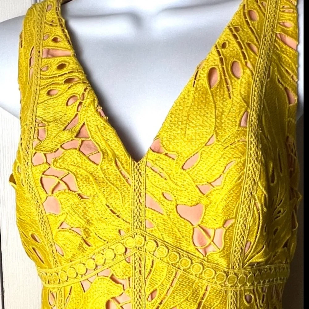 MAEVE Anthropologie Gardenia Lace Overlay Dress Sleeveless Column V Yellow